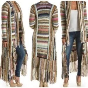 Free People Multicolor Striped Fringe Long Cardigan